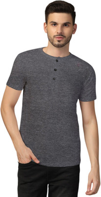 GEUM Solid Men Henley Neck Grey T-Shirt