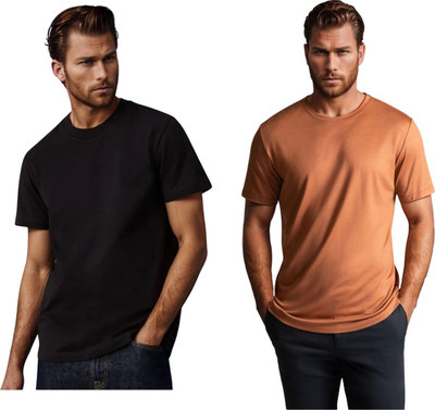 BlueFicus Solid Men Round Neck Black, Brown T-Shirt