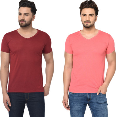 Adorbs Trend Solid Men V Neck Maroon, Pink T-Shirt