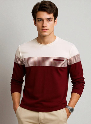 Autna Colorblock Men Round Neck Maroon T-Shirt
