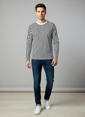 BANSII DHUN Striped Men Round Neck White, Black T-Shirt