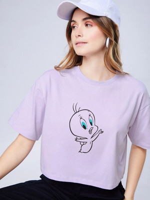 SPOWEARY Printed Women Round Neck Purple T-Shirt