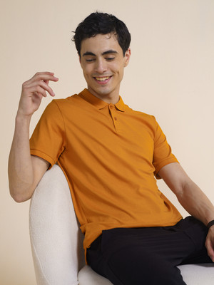 Damensch Solid Men Polo Neck Yellow T-Shirt