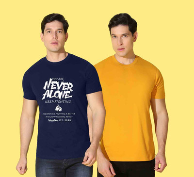 WOOSTRO Typography Men Round Neck Dark Blue, Yellow T-Shirt