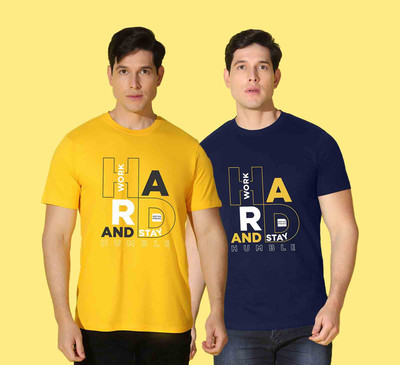 WOOSTRO Printed Men Round Neck Blue, Yellow T-Shirt
