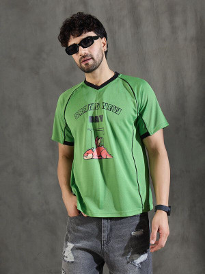 FUGAZEE Printed Men V Neck Green T-Shirt