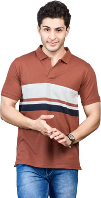 BE POSITIVE Striped Men Polo Neck Orange T-Shirt