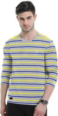 Triptee Striped, Printed Men Round Neck Grey, Yellow, Dark Blue T-Shirt