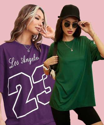 Christy World Printed Women Round Neck Purple, Green T-Shirt