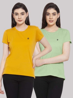 FRISKERS Solid Women Round Neck Gold, Light Green T-Shirt