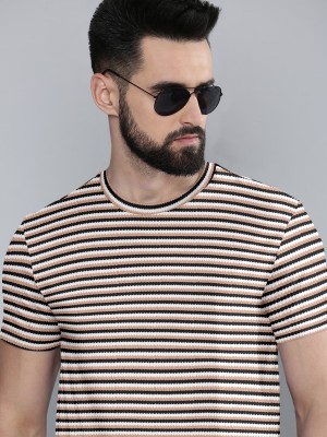 METRONAUT Striped Men Round Neck Brown, White T-Shirt