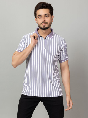 INSPRIE Striped Men Zip Neck Purple T-Shirt