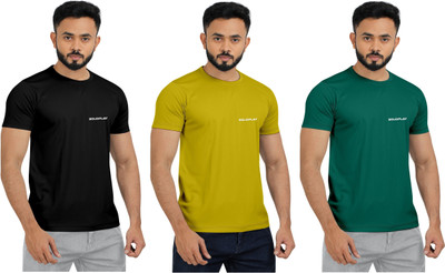 INDICLUB Solid Men Round Neck Green, Black, Yellow T-Shirt