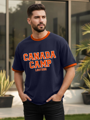 JUST ROAR Printed Men Round Neck Navy Blue T-Shirt