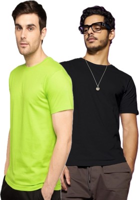 FIVEFEB Solid Men Round Neck Light Green, Black T-Shirt