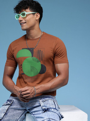 HERE&NOW Printed Men Round Neck Brown T-Shirt