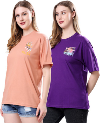 Herway Printed Women Round Neck Orange, Purple T-Shirt