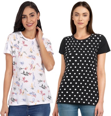 CHOZI Printed Women Round Neck White, Black T-Shirt