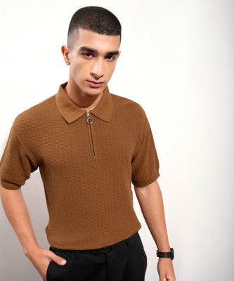 HIGHLANDER Self Design Men Polo Neck Brown T-Shirt