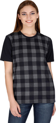 HouseOfCommon Checkered Women Round Neck Dark Blue T-Shirt