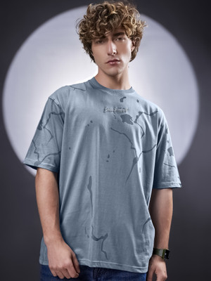 MANIAC Printed Men Round Neck Grey T-Shirt