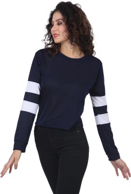 Kanna Fabric Solid Women Round Neck Navy Blue T-Shirt