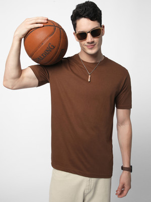 R&B Solid Men Round Neck Brown T-Shirt