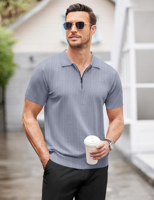 trueoath Self Design Men Polo Neck Grey T-Shirt