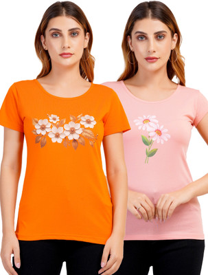 Romaisa Graphic Print Women Round Neck Reversible Orange, Pink T-Shirt