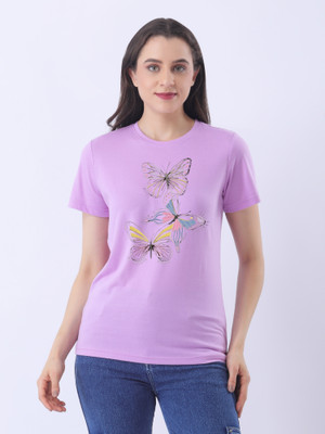 Ns Fashion Printed Women Round Neck Purple T-Shirt