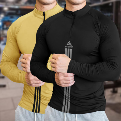 SCOWET Striped Men High Neck Black T-Shirt
