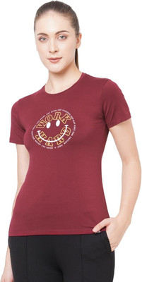 Laasa Sports Printed, Typography Women Round Neck Maroon T-Shirt
