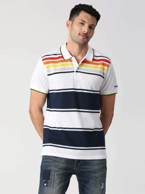 Pepe Jeans Striped Men Polo Neck White T-Shirt