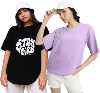 R S Fashion Printed Women Round Neck Black, Purple T-Shirt