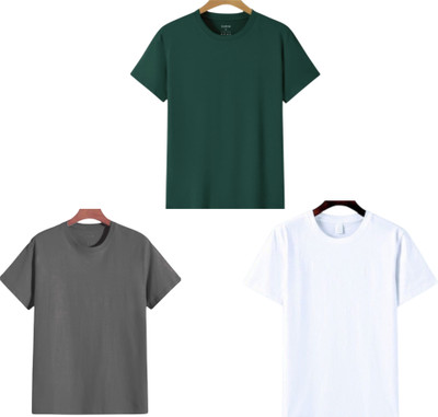 lalita creation Solid Men Round Neck Dark Green, Grey, White T-Shirt