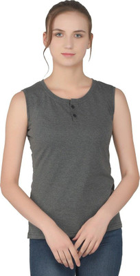 Trendfull Solid Women Henley Neck Grey T-Shirt