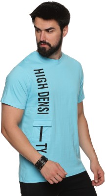 cotton high density Printed, Typography Men Round Neck Blue T-Shirt