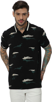 MUFTI Floral Print Men Polo Neck Black T-Shirt