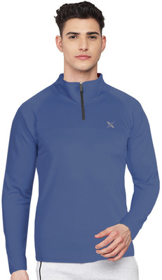 FTX Solid Men Zip Neck Blue T-Shirt