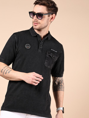 V-MART Solid Men Polo Neck Black T-Shirt