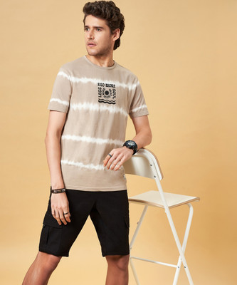 PEOPLE Tie & Dye Men Crew Neck Beige, White T-Shirt