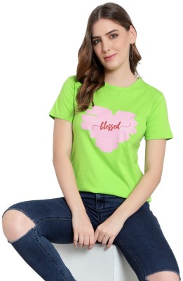 Hokum Printed Women Round Neck Light Green T-Shirt