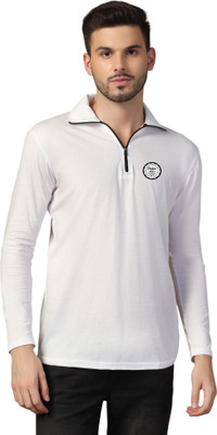 GEUM Solid Men Zip Neck White T-Shirt