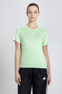 ADIDAS Striped Women Crew Neck Green T-Shirt