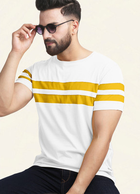 AUSK Striped Men Round Neck White, Yellow T-Shirt