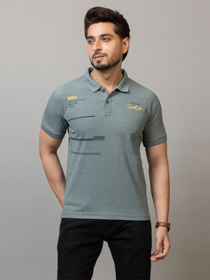 RosyRains Printed Men Polo Neck Green T-Shirt