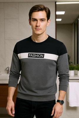Autna Colorblock Men Round Neck Grey, Black T-Shirt