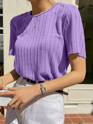 TEES HUB Casual Self Design Women Purple Top