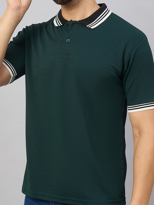 Hushbucks Solid Men Polo Neck Dark Green T-Shirt