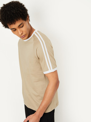 MAX Solid, Striped Men Round Neck Beige T-Shirt